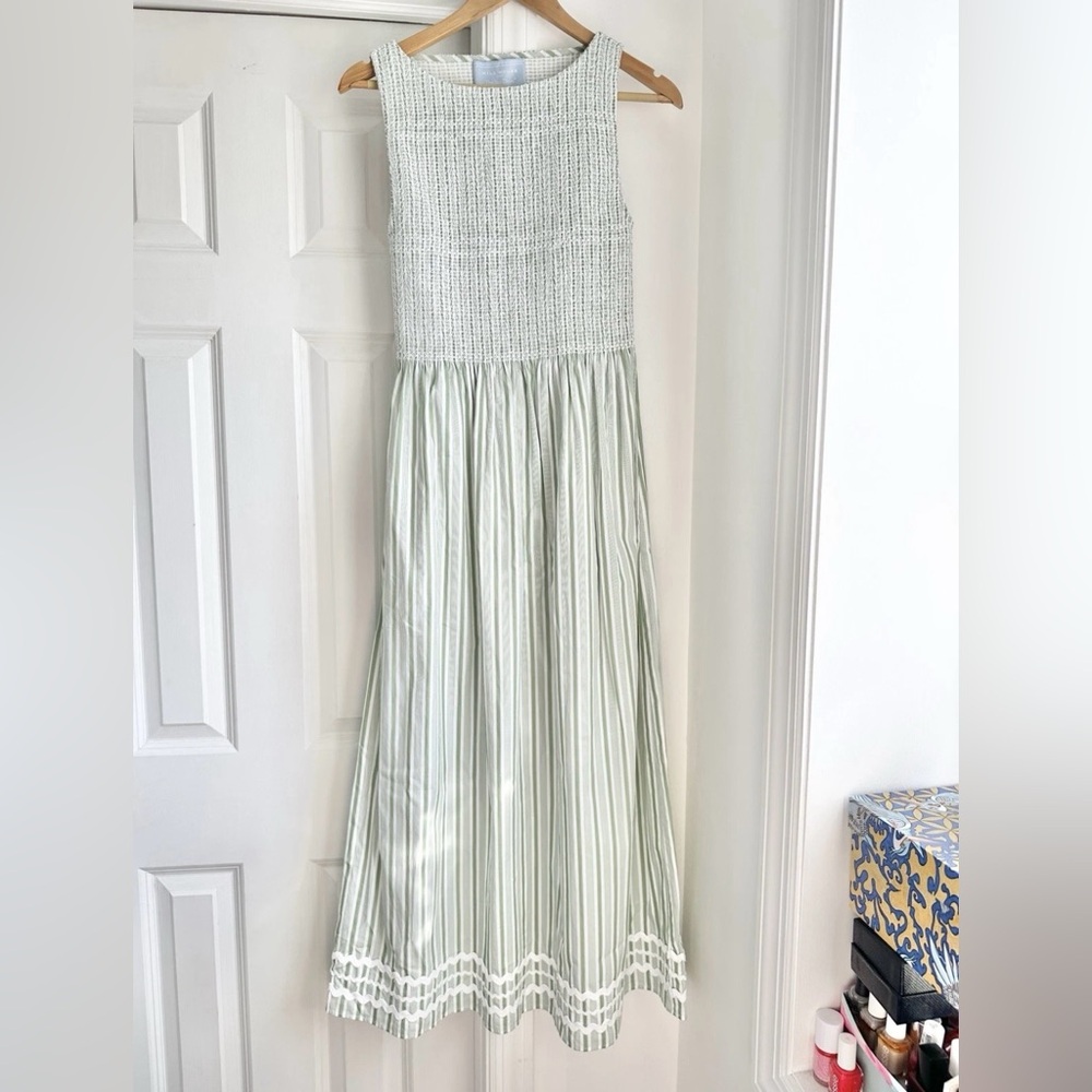Hill House White and Light Green Striped Midi Dress - Picture 2 of 6